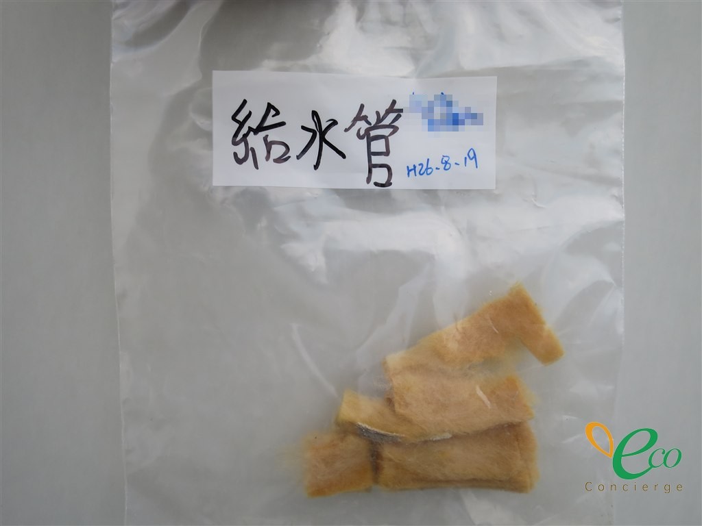 『給水管』と手書きされた透明な袋の接写。中に淡い黄土色の平たい薄片が数片入っている